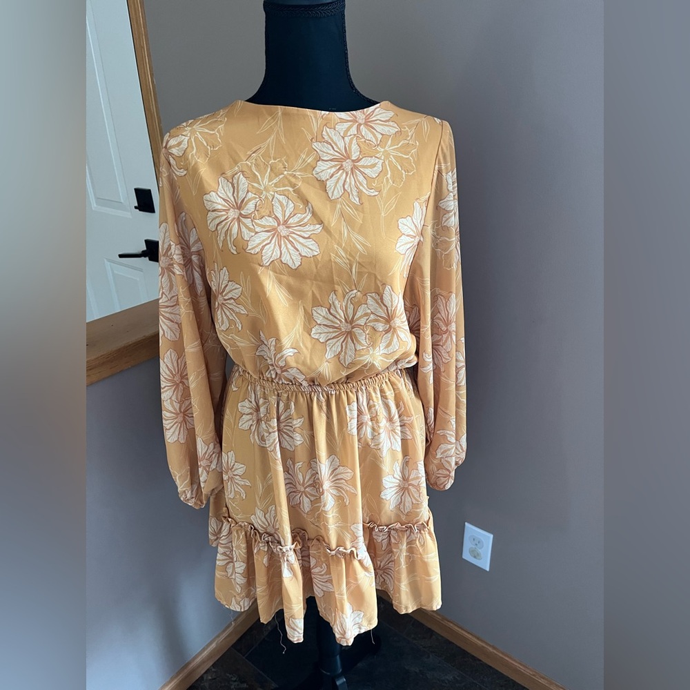 Flying Tomato Mustard Yellow Floral Long-Sleeve Tiered Dress